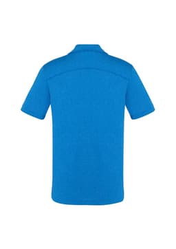 A blue short sleeve polo shirt featuring a textured design and a logo on the back.