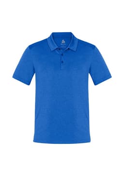 A blue men's polo shirt with a collar and button placket, featuring a logo on the chest.