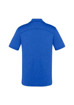 A blue men's short sleeve polo shirt featuring a logo on the back. Designed for comfort and style.