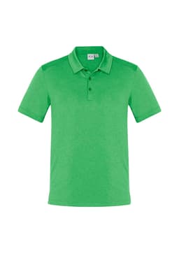 A green men's short sleeve polo shirt with a collar and three buttons, featuring a logo on the chest.