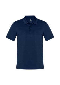 A navy blue short sleeve polo shirt featuring a collar and buttons, with a logo on the upper side.