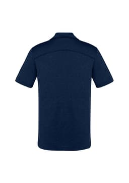 A dark navy men's short sleeve polo shirt featuring a simple design and a logo on the back.