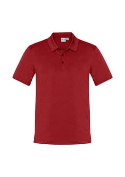 A red men's short sleeve polo shirt featuring a collar and three buttons, with a logo on the chest.