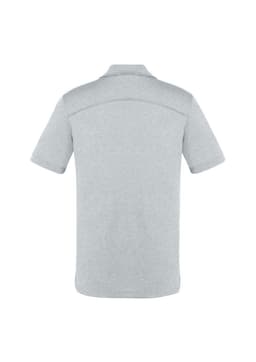 A grey short sleeve polo shirt with a smooth back design and a logo on the upper back.