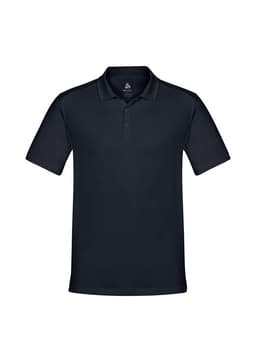 A navy blue men's short sleeve polo shirt with a collar and a logo on the chest.