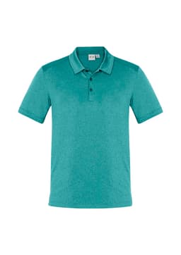 A turquoise short sleeve polo shirt with a collar and a logo on the chest.