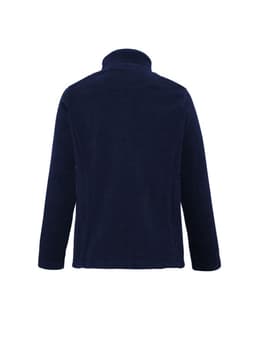 A navy women's plain micro fleece jacket with a high collar and long sleeves. Features a logo on the back.