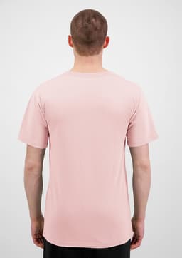 A men's short sleeve tee in a soft pink colour, featuring a plain design and a logo on the back.