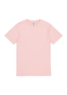 A pink short sleeve T-shirt with a crew neck and a logo tag on the neckline.