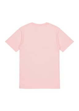 A light pink short sleeve T-shirt with a plain back and a small logo near the hem.