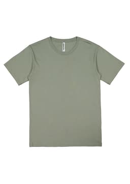 A short sleeve t-shirt in a muted olive green colour, featuring a simple design and a logo at the neckline.