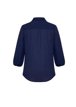 A navy blue women's blouse with 3/4 sleeves and a relaxed fit at the back, featuring a simple design.