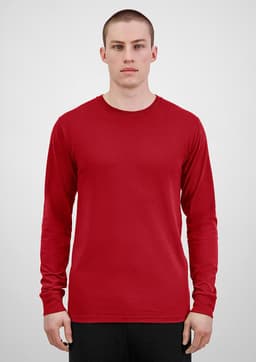 A red long sleeve men's tee featuring a simple design and fitted style. It has a branding logo.