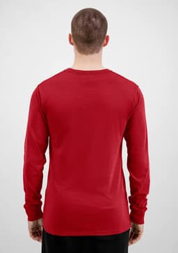 A red long sleeve men's tee viewed from the back, featuring a simple design and a subtle logo.