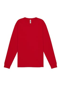 A red long sleeve men's tee featuring a crew neck and a logo on the label.