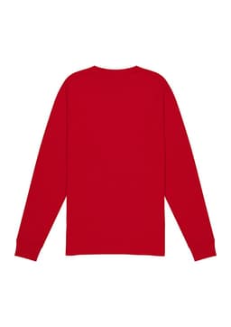 A red long sleeve men's tee featuring a plain back design and fitted sleeves. It includes a logo.
