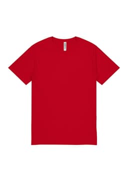 A red short sleeve t-shirt with a plain design and a logo label on the collar.