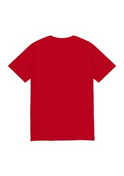 A red short sleeve tee with a plain back, featuring a logo on the neck area.