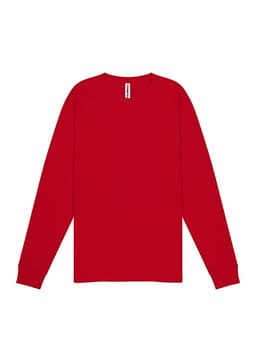 A red long sleeve tee with a crew neck and a logo on the label.