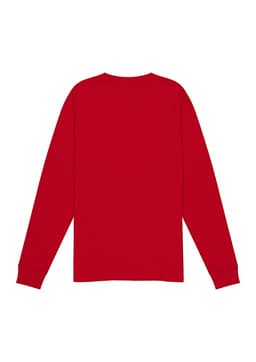 A long sleeve tee in bright red, featuring a plain back and fitted sleeves. It has a logo on the tag.