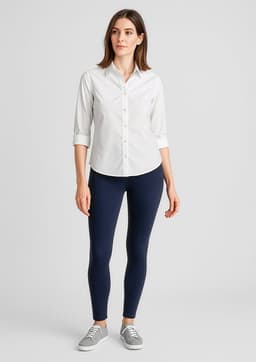 A woman stands wearing a white shirt and navy high-rise pull-on leggings, paired with grey shoes. The image includes a logo.