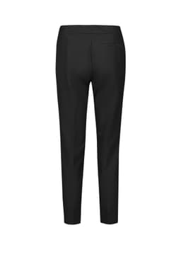 A pair of black women's slim leg pants with a mid-waist design, featuring a back pocket.