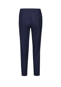 A pair of navy mid-waist slim leg pants, featuring a simple design and a single back pocket.