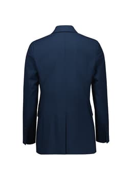 A navy blue women's longline double-breasted jacket with a smooth finish and buttoned sleeves.