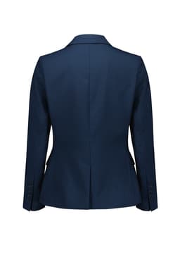 A navy women's mid-length jacket featuring a single button and tailored design, with a logo on the back.