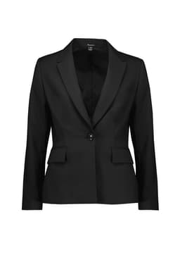 A black mid-length women's blazer with a single button, featuring two front pockets and a tailored fit.