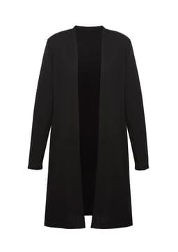 A black longline cardigan with an open front and long sleeves, featuring a subtle logo.
