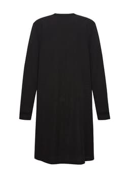 A longline cardigan in black, featuring long sleeves and a simple design, with a branding logo.