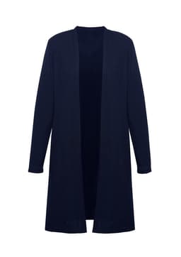 A longline cardigan in navy blue with an open front and long sleeves. It features a logo.