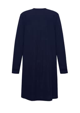 A navy longline cardigan with long sleeves and a straight cut back view. It features a logo.