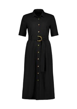 A black midi dress with short sleeves, button-down front, and a belt featuring a gold buckle. It has a logo present.
