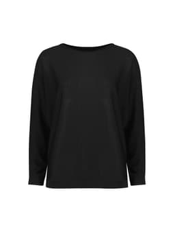A black women's batwing sweater top with a relaxed fit and three-quarter sleeves. Features a logo.