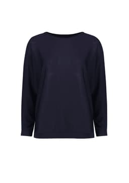 A navy batwing sweater top with a wide neckline and long sleeves. The design features a relaxed fit.