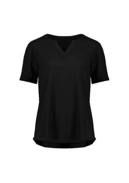A black women's short sleeve blouse with a V-neck and a relaxed fit. The blouse features ruching details and has a logo.