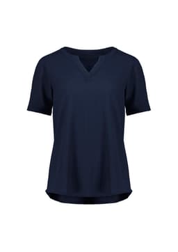 A navy women's ruché short sleeve blouse with a V-neck and a slightly curved hem. Features a simple design and has a logo.