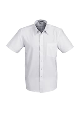 A white short sleeve button-up shirt with a pocket and a logo on the chest.