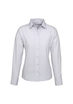 A long sleeve button-up shirt in light grey, featuring a collar and a front placket with buttons. It has a logo.