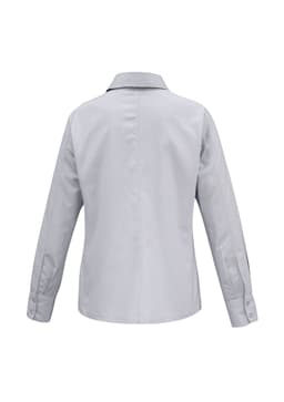 A long sleeve button-up shirt in light grey, featuring a smooth fabric and a back yoke design. It has a logo.
