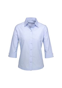 A light blue women's button-up shirt with 3/4 sleeves and a collar. It features a logo on the chest area.