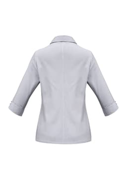 A light grey women's button-up shirt with 3/4 sleeves and a collar, featuring button details on the cuffs and a back seam.
