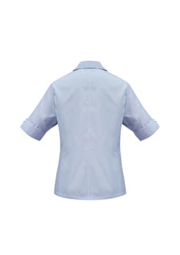A light blue women's button-up shirt with short sleeves and a back view. Features a logo on the upper back.