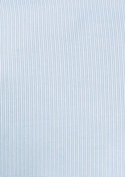 A light blue button-up shirt with a subtle striped pattern. The shirt features short sleeves and has a logo.