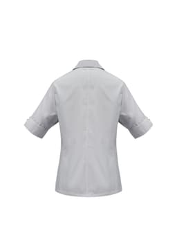 A light grey women's short sleeve button-up shirt featuring a collar and rolled sleeves. It has a subtle logo.