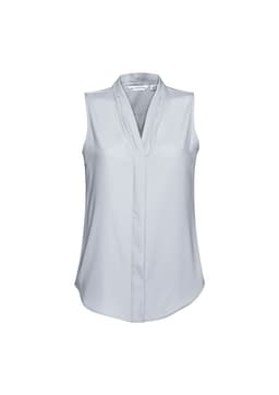 A light grey sleeveless top with a v-neck design and a logo on the label.
