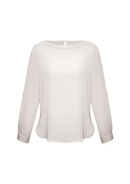 A light cream women's shirt with a boat neckline and long sleeves, featuring button details on the cuffs.
