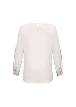 A white women's boatneck top with three-quarter sleeves and button details on the sleeves. It features a back closure and has a logo.